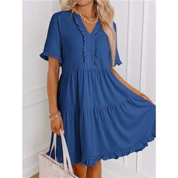 Tiered Notched Short Sleeve Mini Dress - Picture 11 of 16
